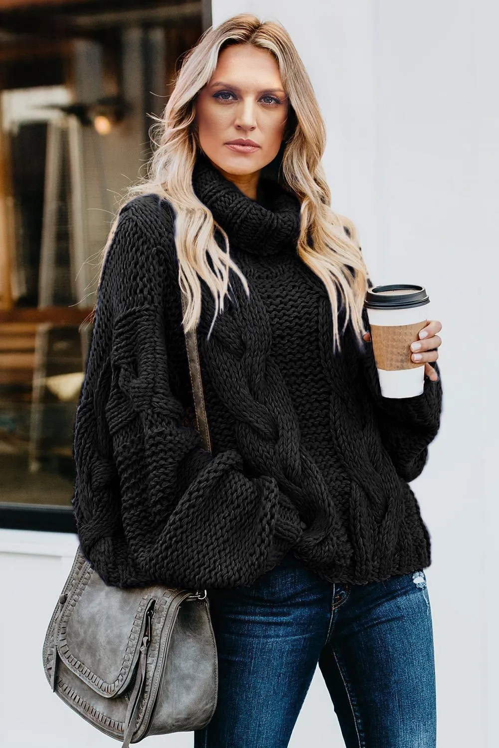 Black Cable Knit High Neck Long Sleeves Sweater