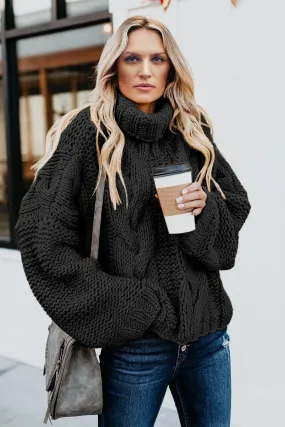 Black Cable Knit High Neck Long Sleeves Sweater