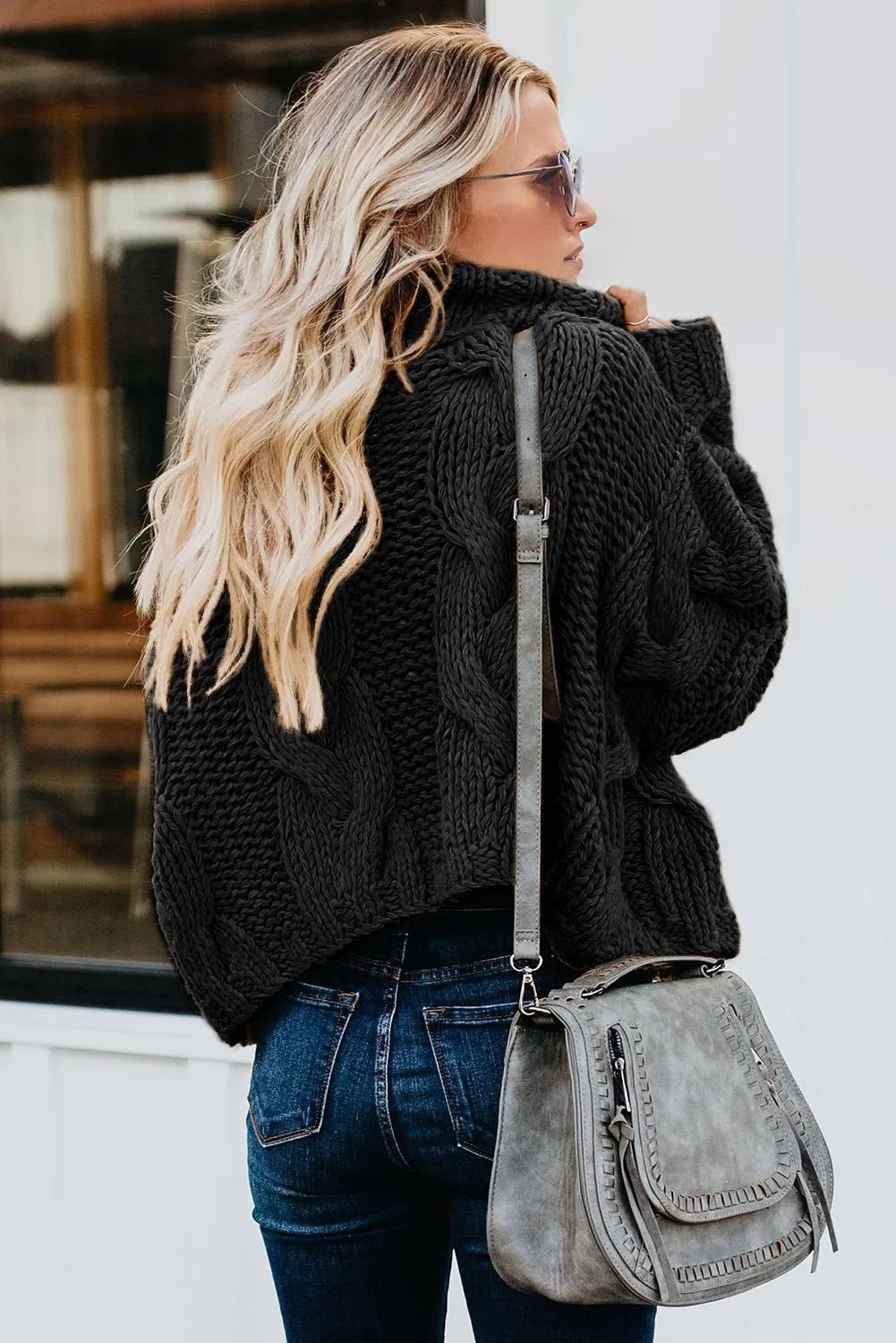 Black Cable Knit High Neck Long Sleeves Sweater