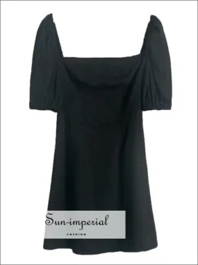 Black Cotton Square Neckline Short Puff Sleevea-line Mini Dress