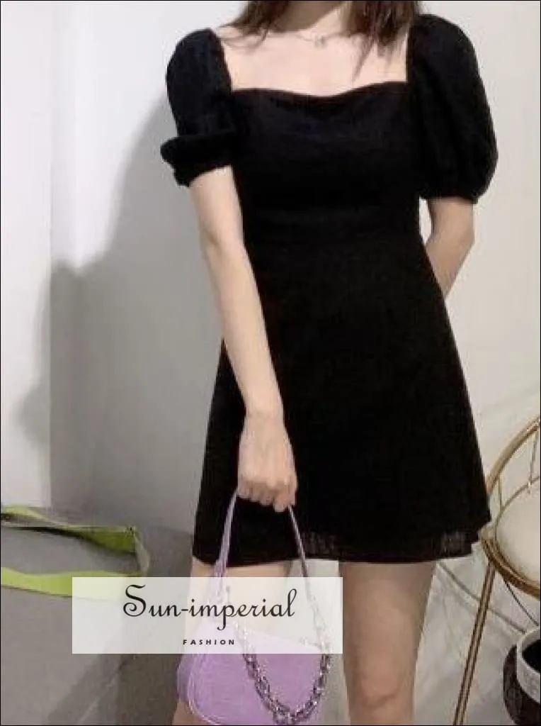 Black Cotton Square Neckline Short Puff Sleevea-line Mini Dress