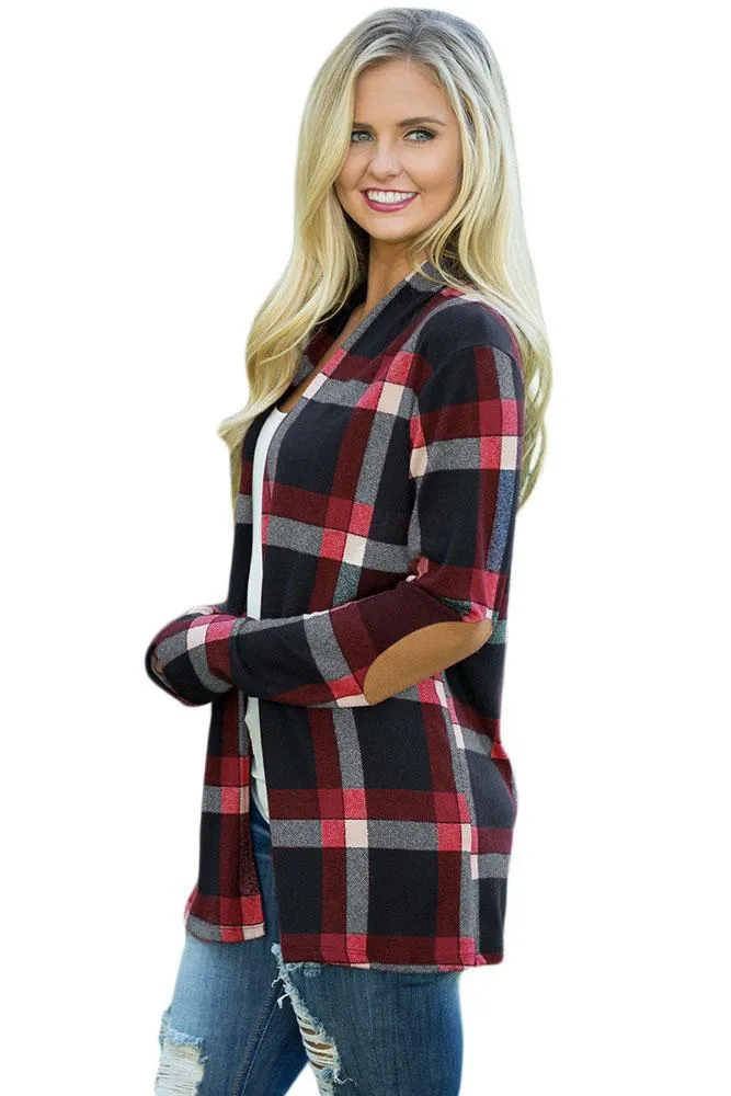 Black Elbow Suede Patch Plaids Cardigan