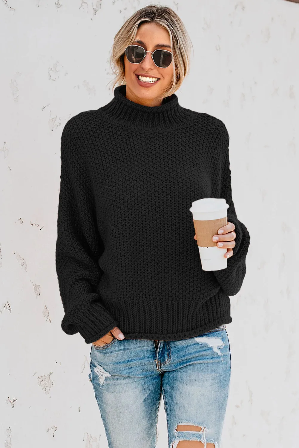 Black High Neck Batwing Long Sleeves Sweater