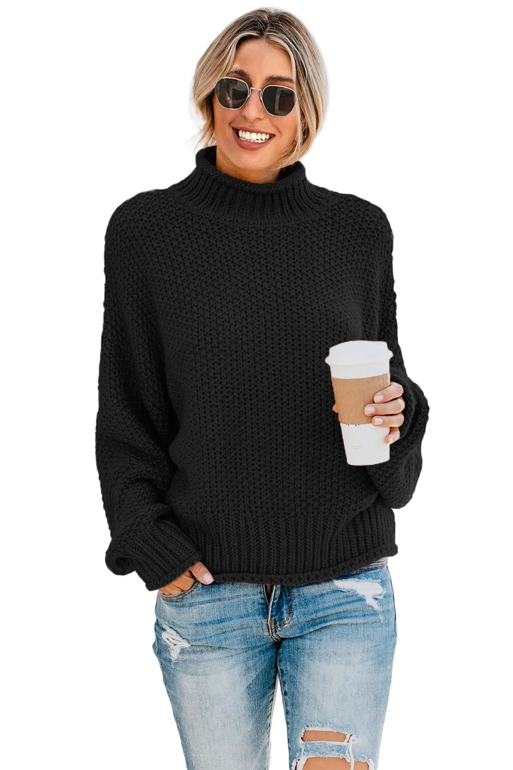 Black High Neck Batwing Long Sleeves Sweater