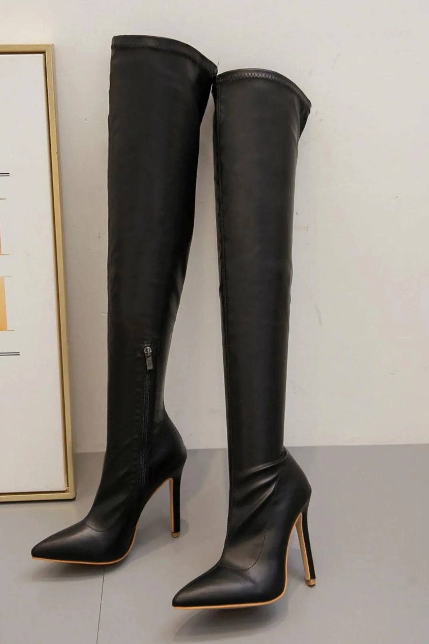 Black Pointed Toe Thigh High Boots