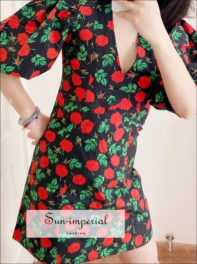 Black Rose Print Puff Short Sleeve V- Neck Mini Dress