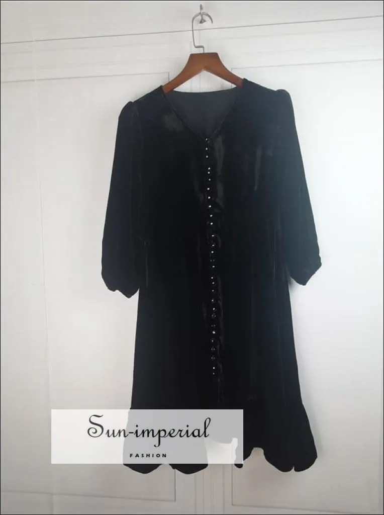 Black Vintage Velvet Loose Single-breasted V-neck 3/4 Sleeve Mini Dress