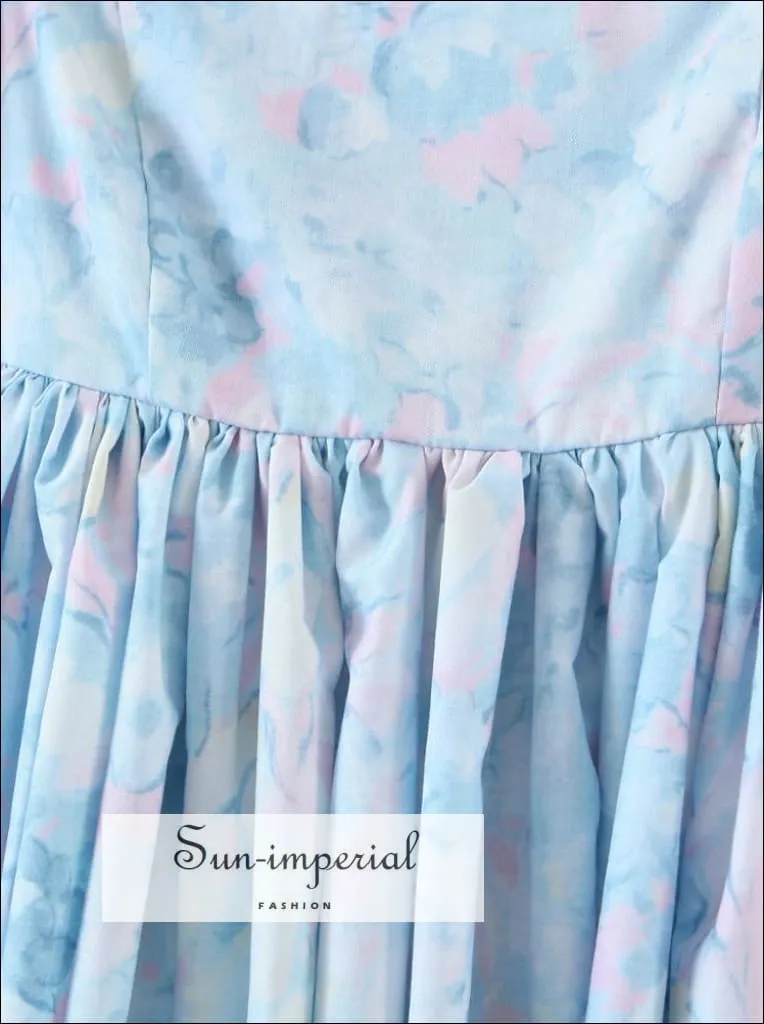 Blue Floral Print Short Puff Sleeve Square Neckline A-line Pleated Mini Dress