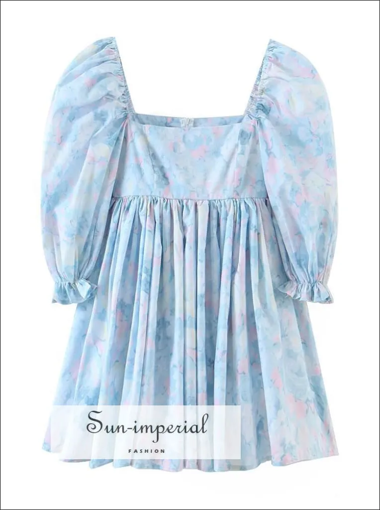 Blue Floral Print Short Puff Sleeve Square Neckline A-line Pleated Mini Dress