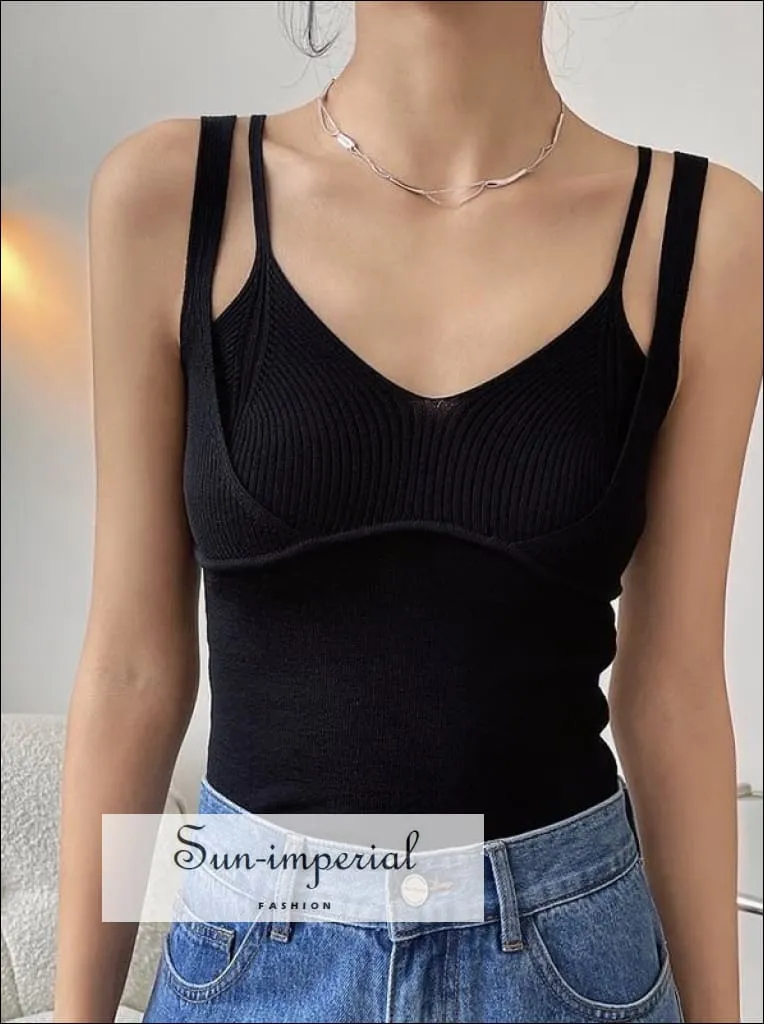 Blue Knitted Double Strap Camisole V Neck Cropped Tank top