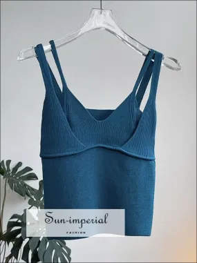 Blue Knitted Double Strap Camisole V Neck Cropped Tank top