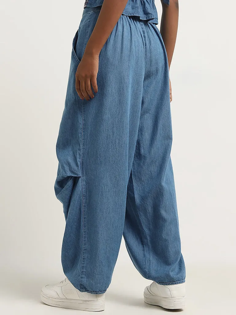 Bombay Paisley Blue Patiala-Style High-Rise Denim Pants