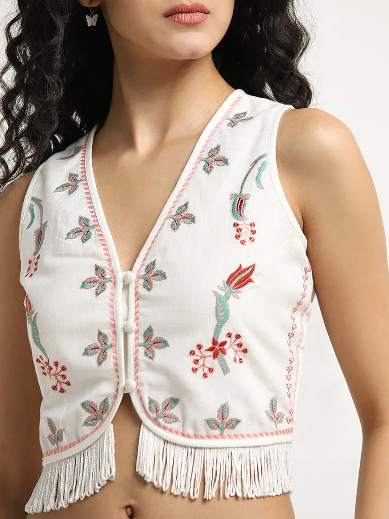 Bombay Paisley White Cotton Blend Waistcoat-Style Top