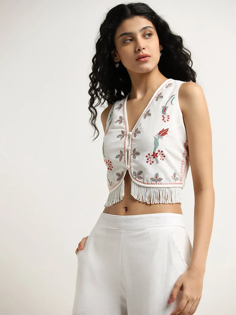 Bombay Paisley White Cotton Blend Waistcoat-Style Top