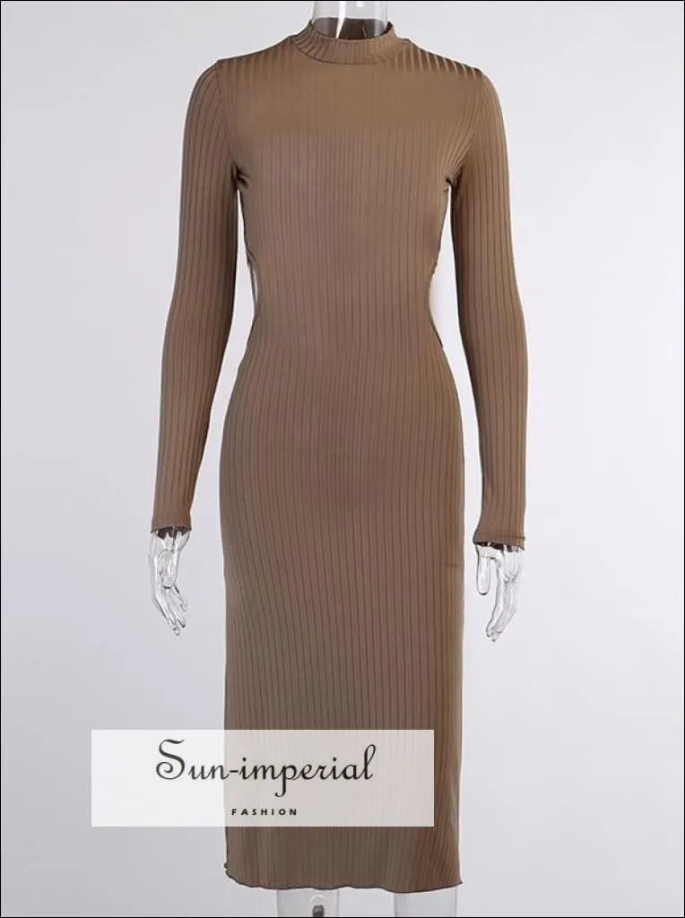 Brown Backless Long Sleeve Ribbed Midi Dress with Mock Turtleneck Low back and Tie detail