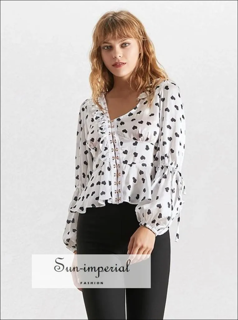 Brylee top - Vintage White Heart Print Blouse for Women V Neck Long Sleeve Drawstring Hook front