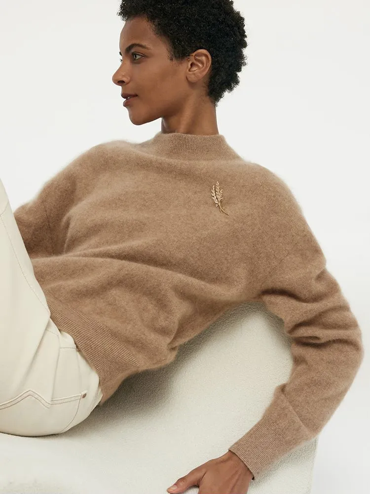 Cashmere Mock Neck Women Sweater With Wheat Ear Brooch