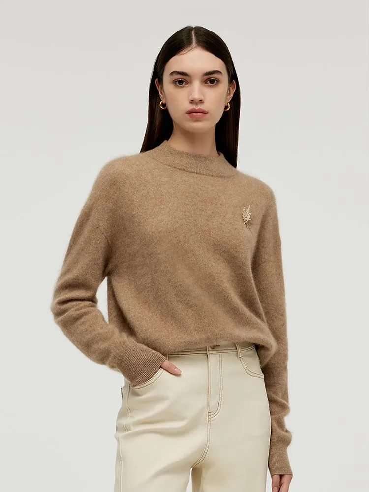 Cashmere Mock Neck Women Sweater With Wheat Ear Brooch