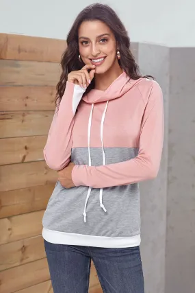 Casual Pink Gray Colorblock Thumbhole Sleeved Sweatshirt