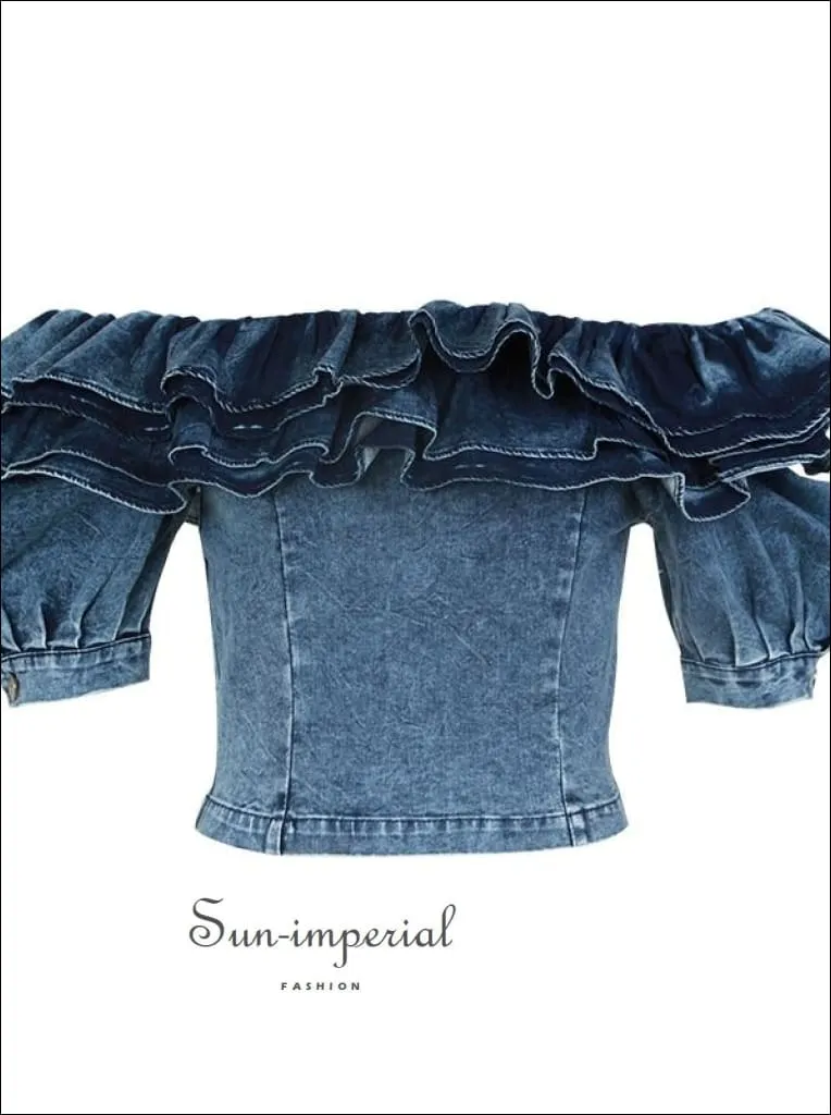 Charley top - Denim Shirts top Female Square Collar Ruffle Patchwork Short Sleeve Short Shirt