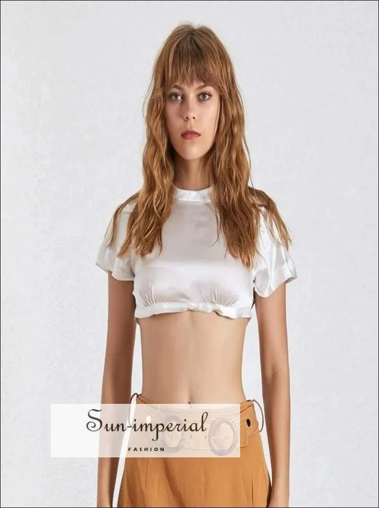 Chelsea top - White Satin Crop top Short Sleeve O Neck Tie back Blouse