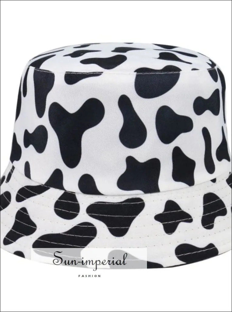 Cherry Print Reversible Black White Cow Pattern Women Bucket Hat