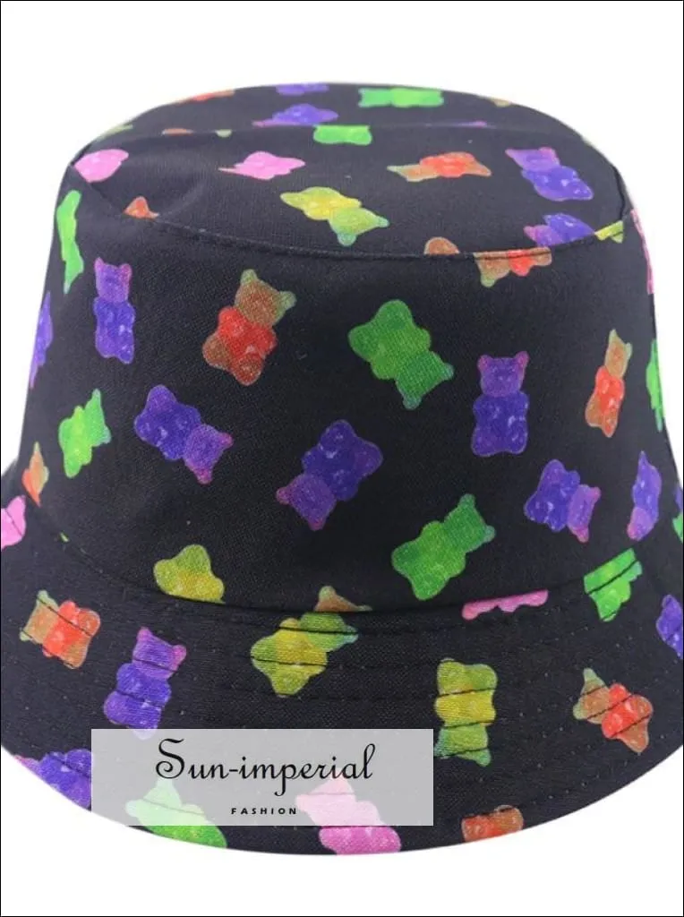 Cherry Print Reversible Black White Cow Pattern Women Bucket Hat