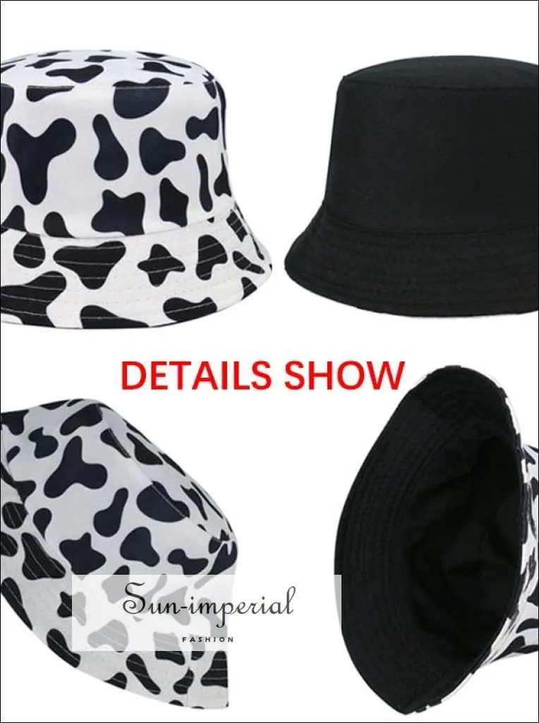 Cherry Print Reversible Black White Cow Pattern Women Bucket Hat