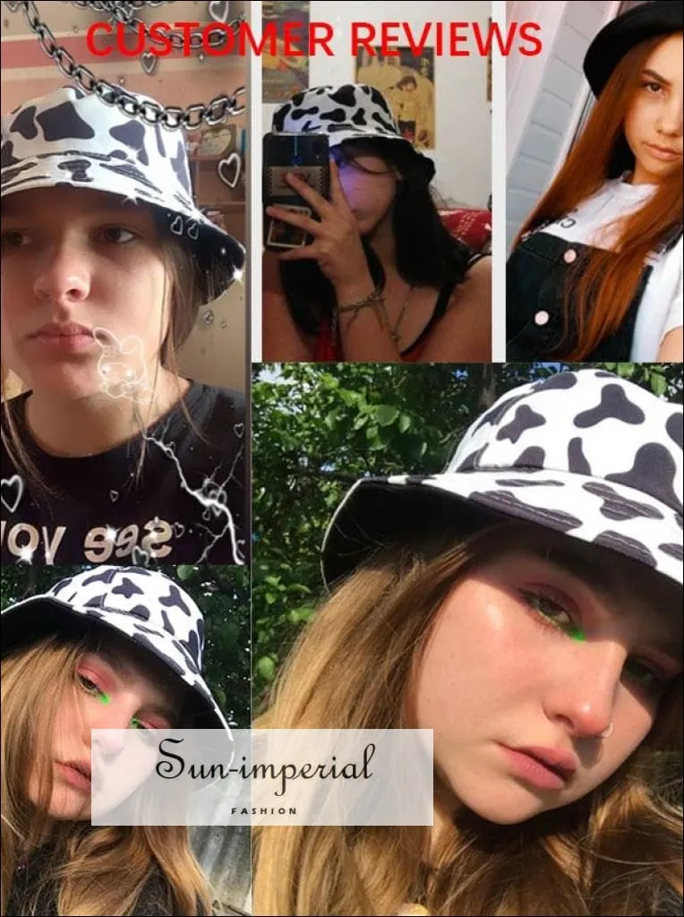 Cherry Print Reversible Black White Cow Pattern Women Bucket Hat