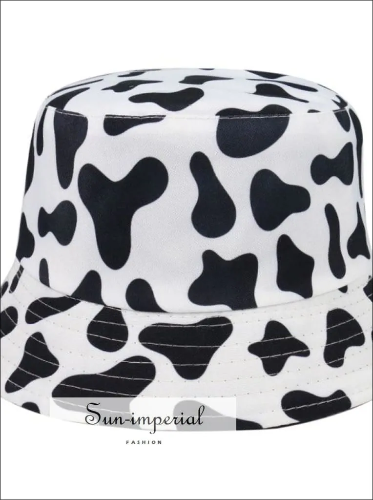 Cherry Print Reversible Black White Cow Pattern Women Bucket Hat