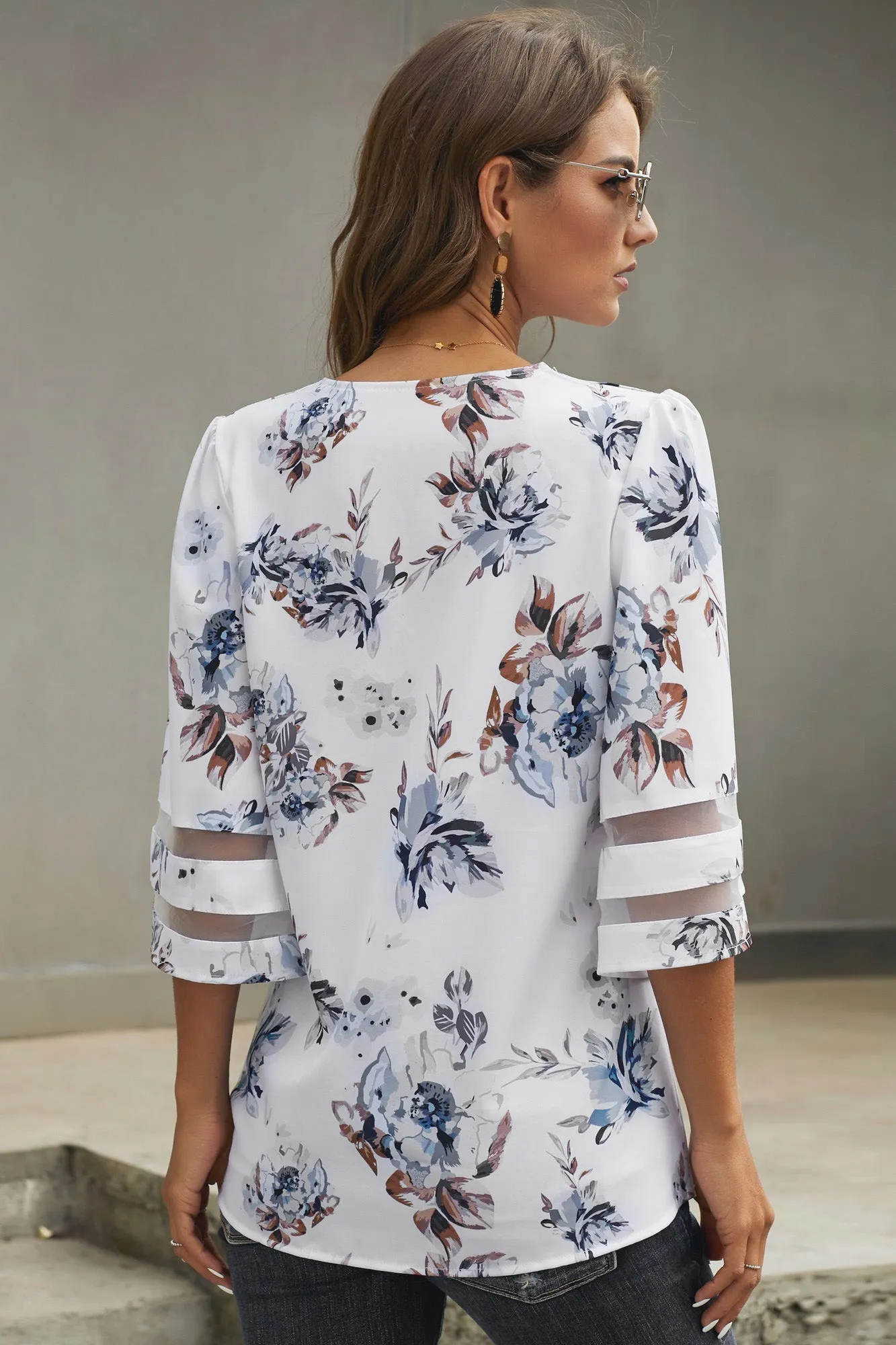 Chic 3/4 Flared Sleeve White Floral Blouse