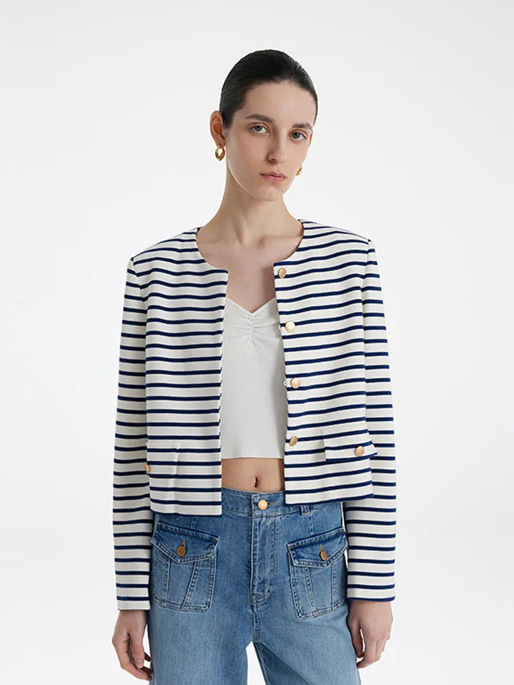 Cotton Striped Single-Breasted Women Crop Jacket