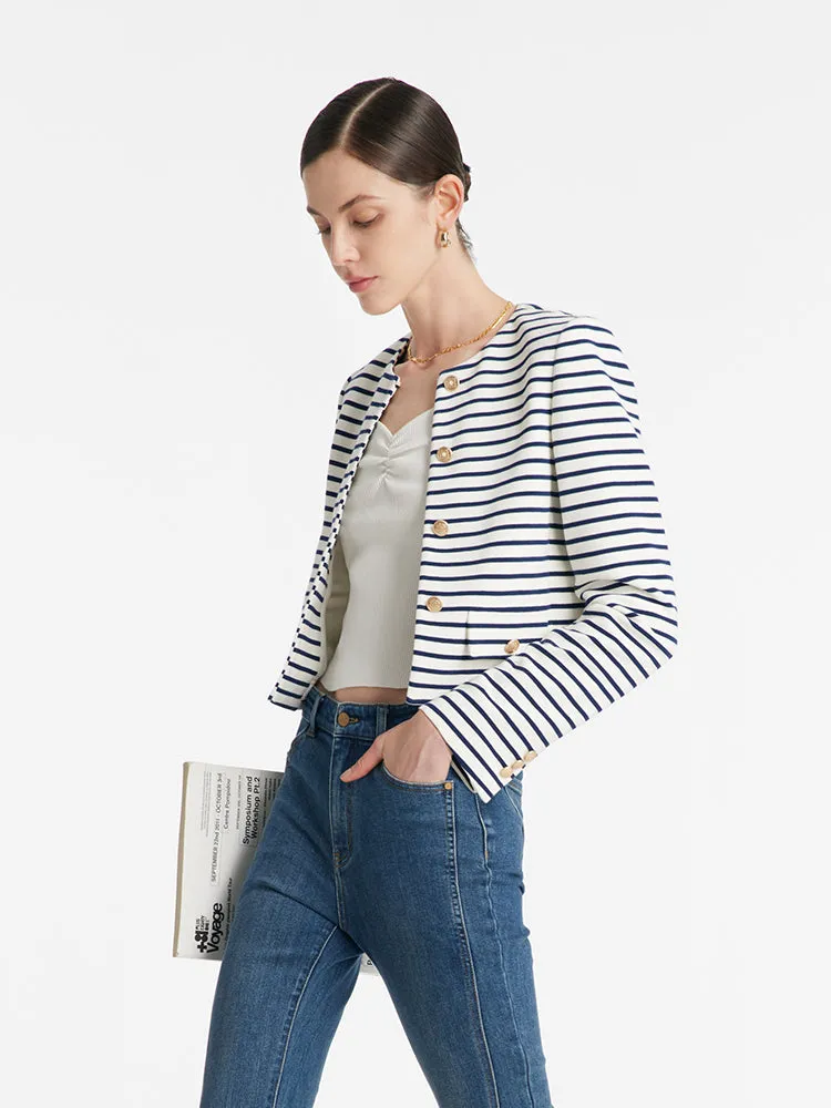 Cotton Striped Single-Breasted Women Crop Jacket