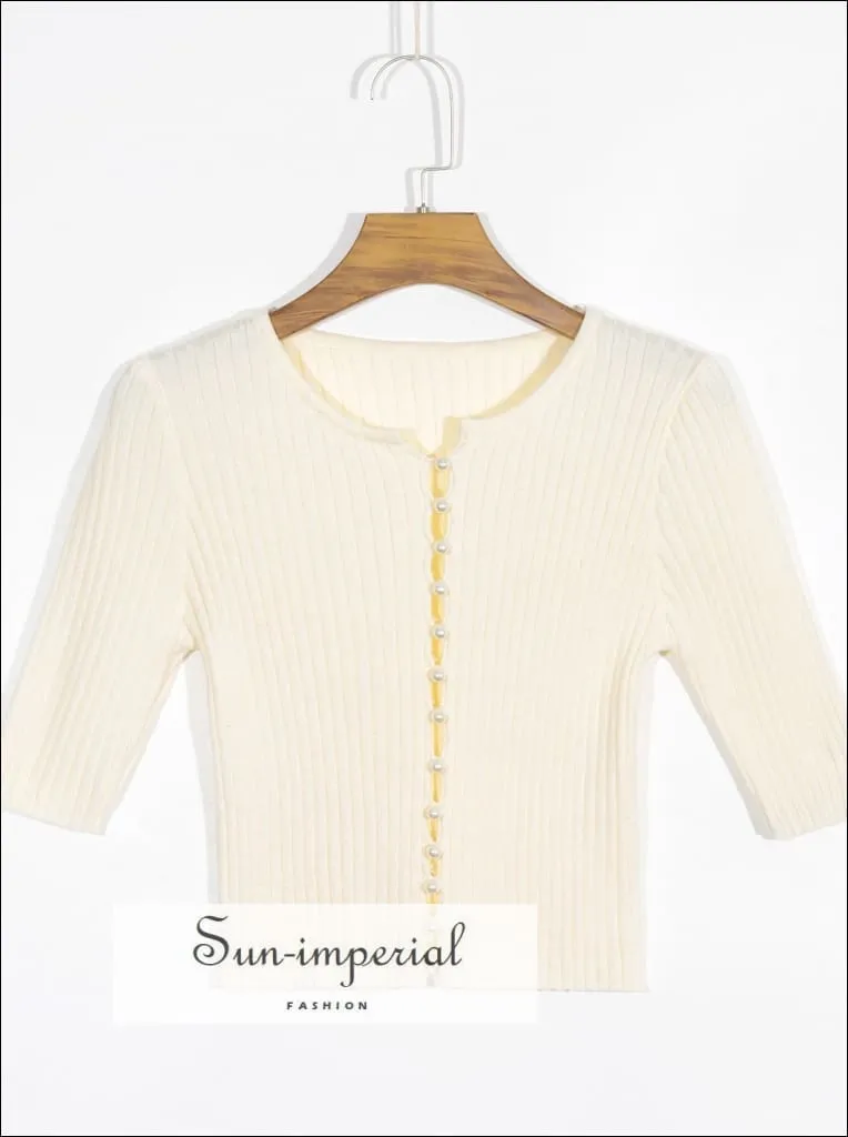 Cream Knitted Pearl Buttoned Cardigan Sweater O Neck Short Sleeve Sweater