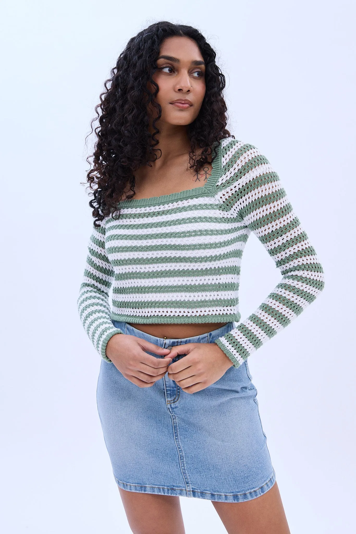 Crochet Long Sleeve Square Neck Top