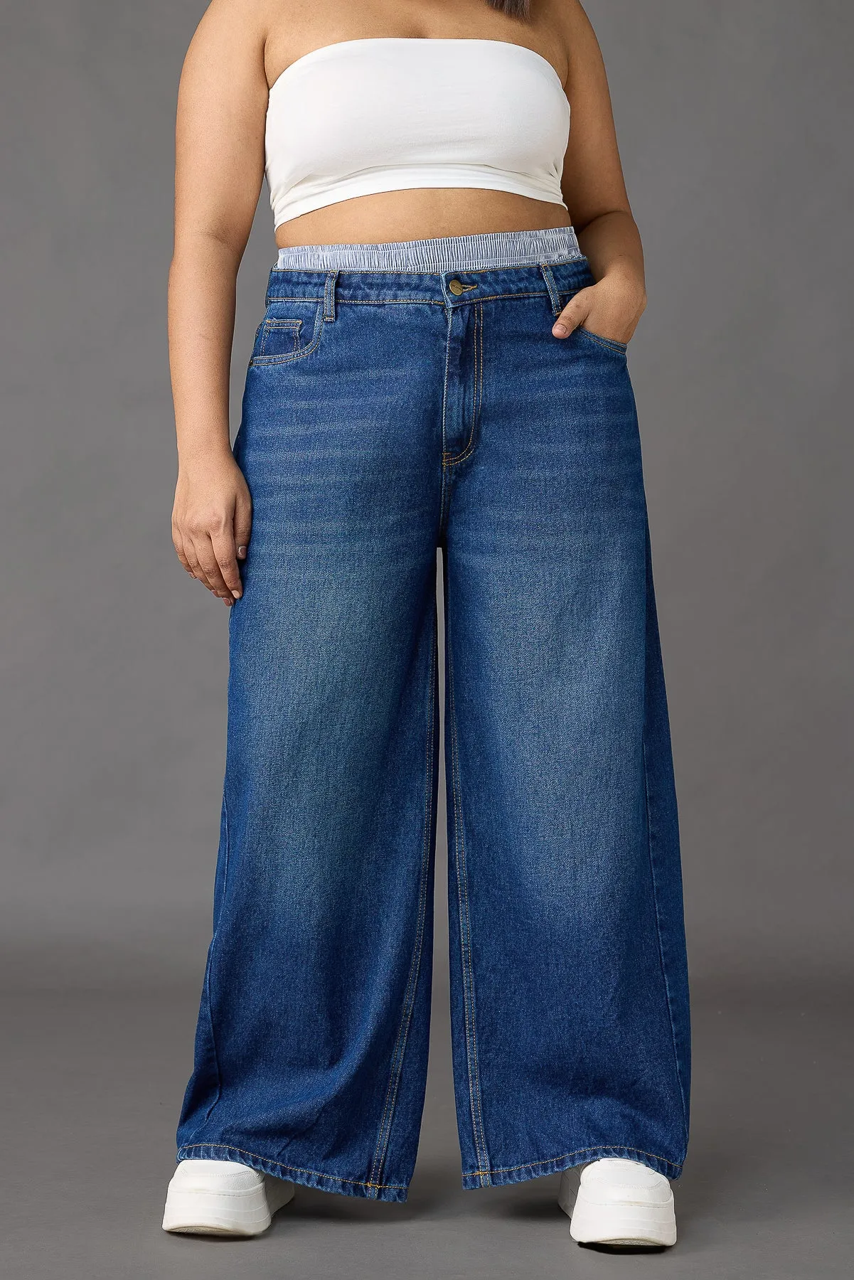 Curve Boxer Style Low Rise Wide Leg Jeans