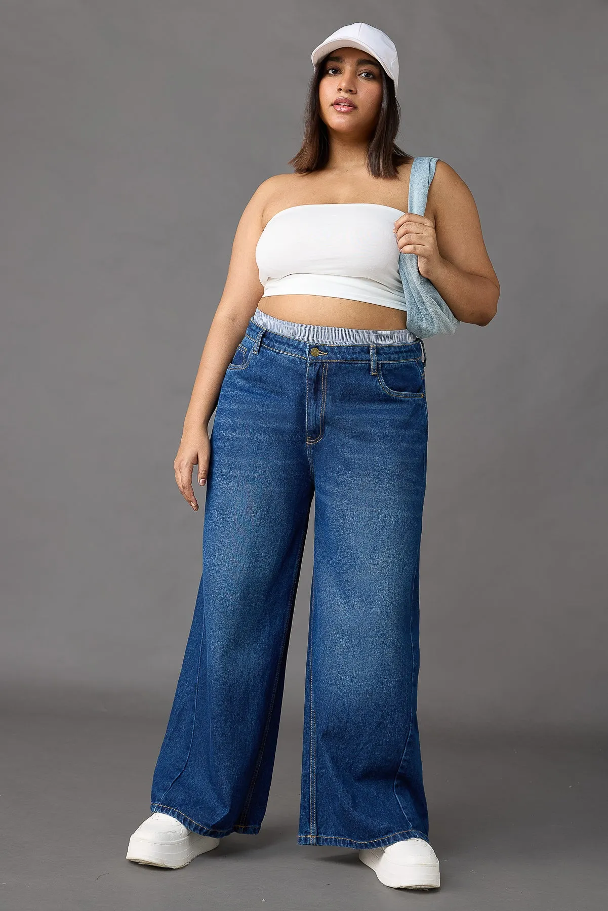 Curve Boxer Style Low Rise Wide Leg Jeans