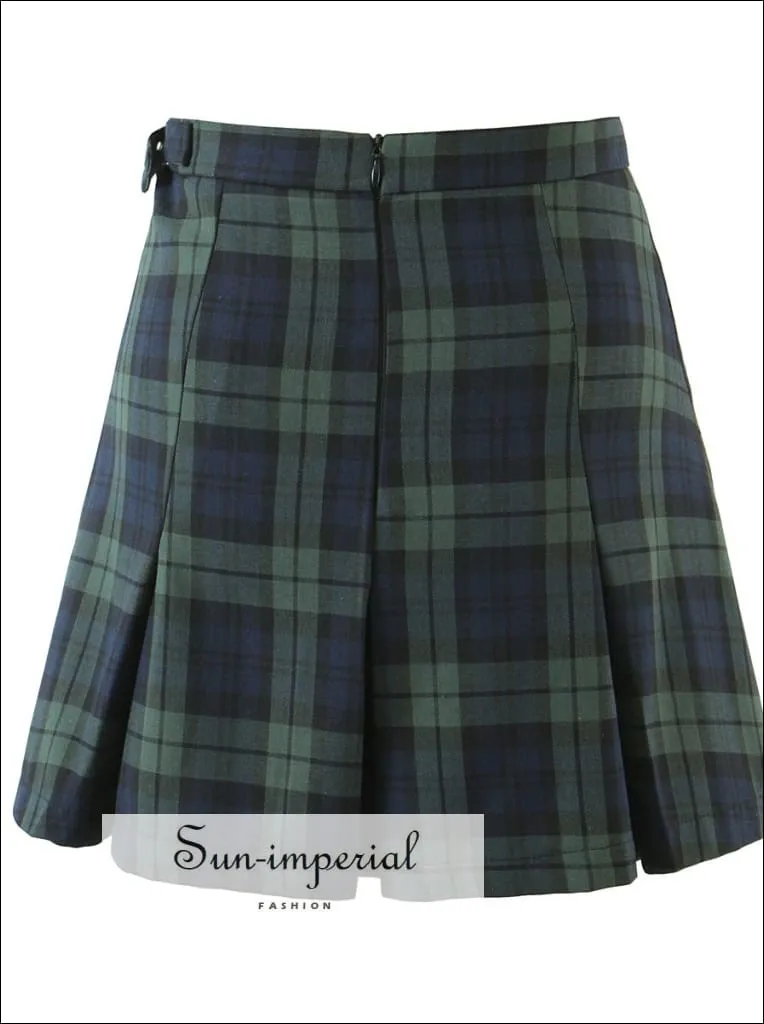 Dark Green and Blue High Waist Check Gingham Plaid Pleated Mini Skirt with Buckle Belt detail