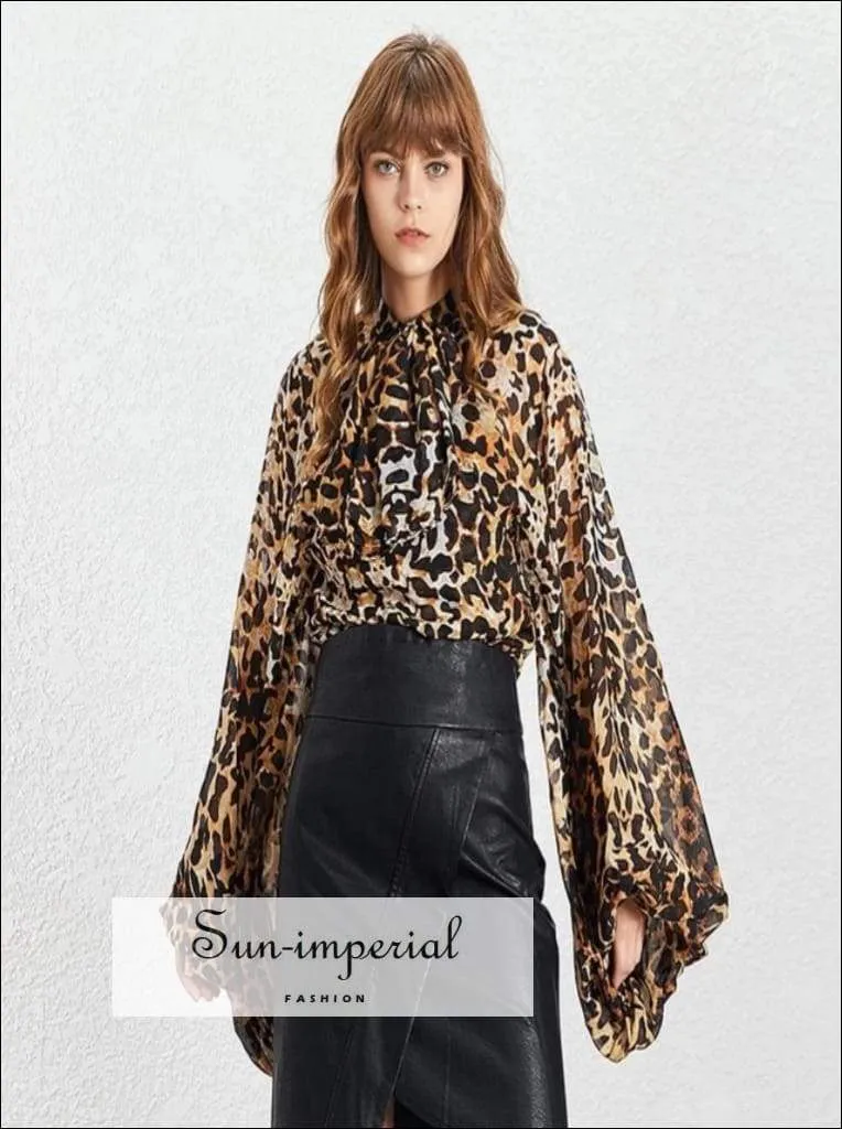 Demi top - Women's Leopard Sheer Chiffon Long Lantern Sleeve Bow Tie Blouse