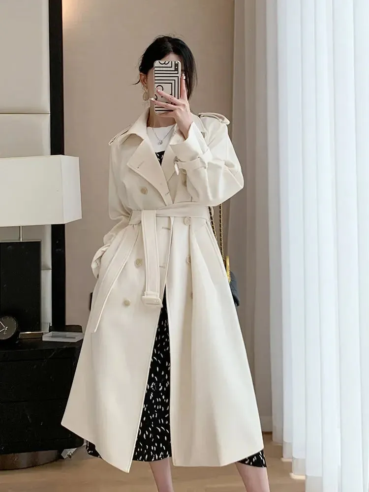 Double Breasted Buckle Belt Notched Lapel Trench Coat