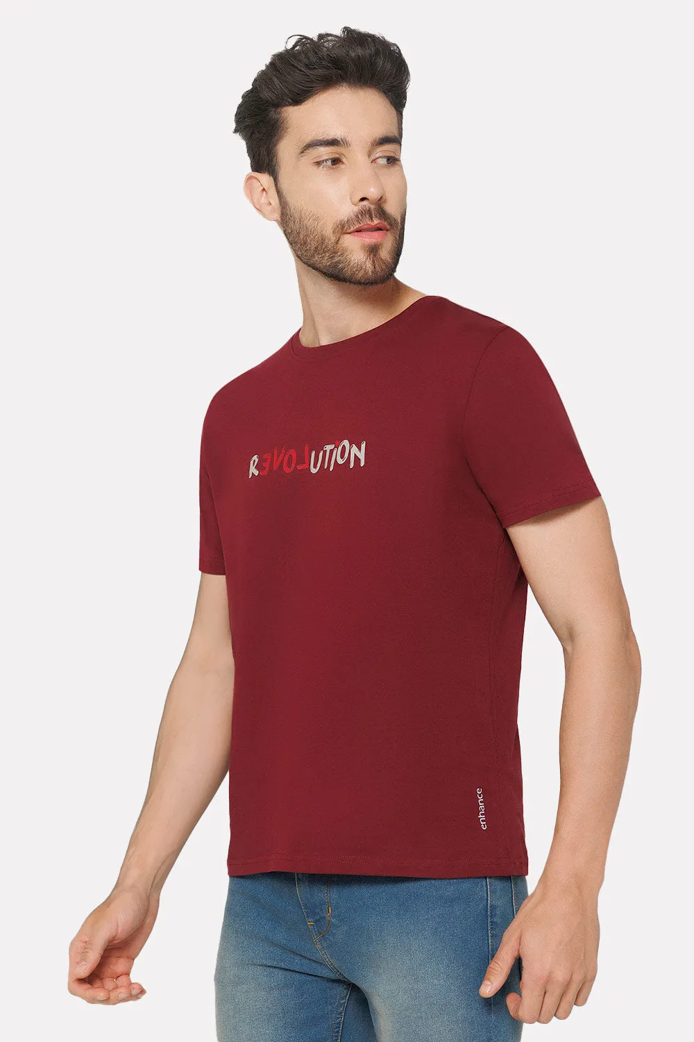 Enhance Men's Printed Crew Neck Casual T-Shirt - Maroon - TS33