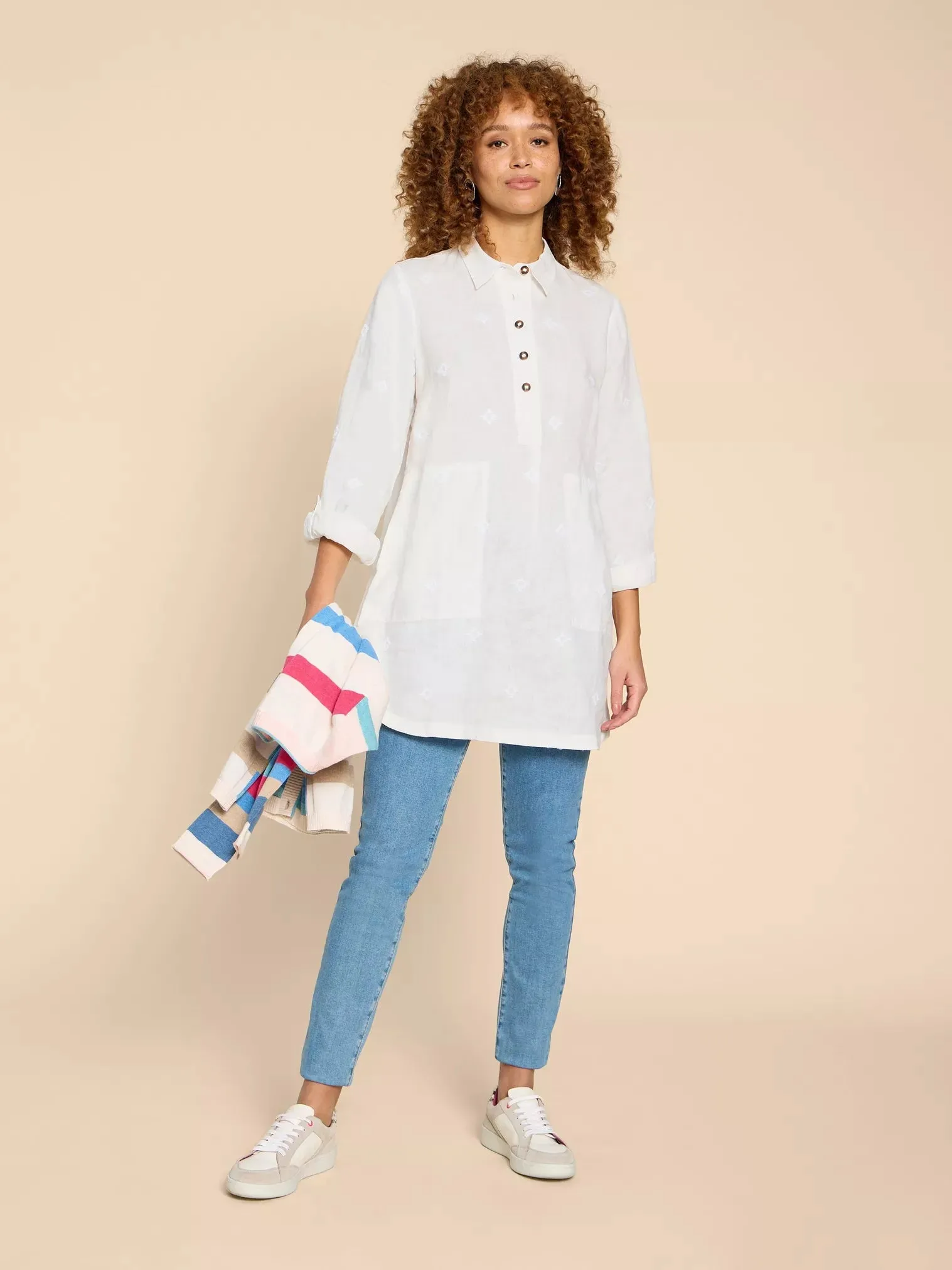 Evelyn Embroidered Linen Tunic - Natural White