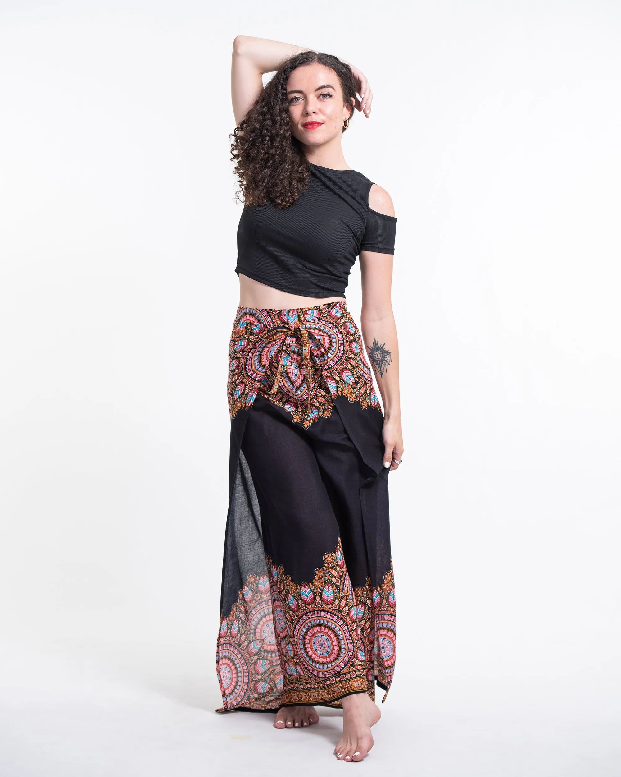 Feather Mandalas Wrap Palazzo Style Harem Pants in Black