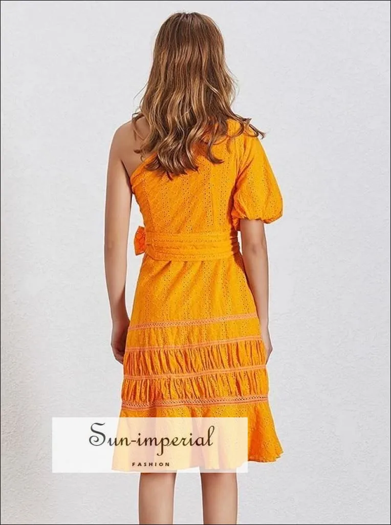 Fia Dress- Solid White and Orange One Shoulder Dress for Women Puff Sleeve Tie Waist Midi Dress