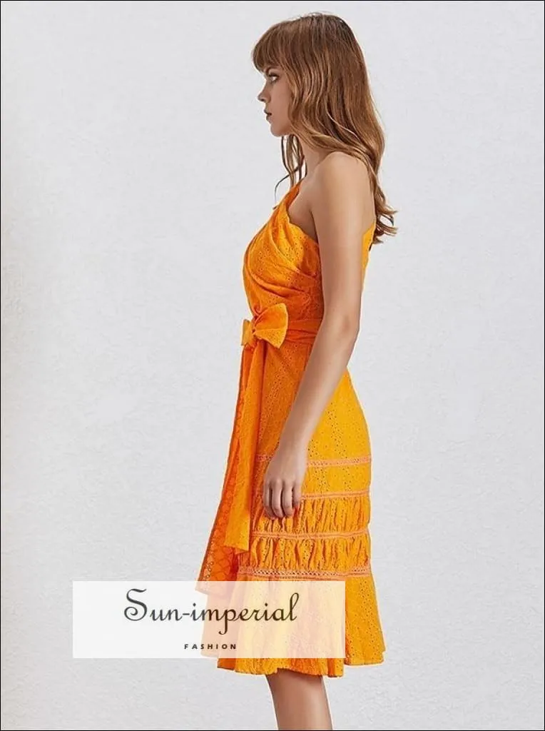 Fia Dress- Solid White and Orange One Shoulder Dress for Women Puff Sleeve Tie Waist Midi Dress