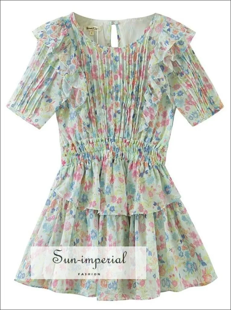 Floral Ruched Pleated A-line Round Collar Mini Dress Backless Short Sleeve Dress