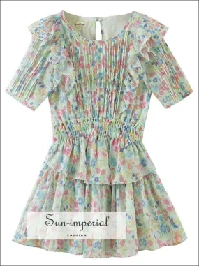 Floral Ruched Pleated A-line Round Collar Mini Dress Backless Short Sleeve Dress