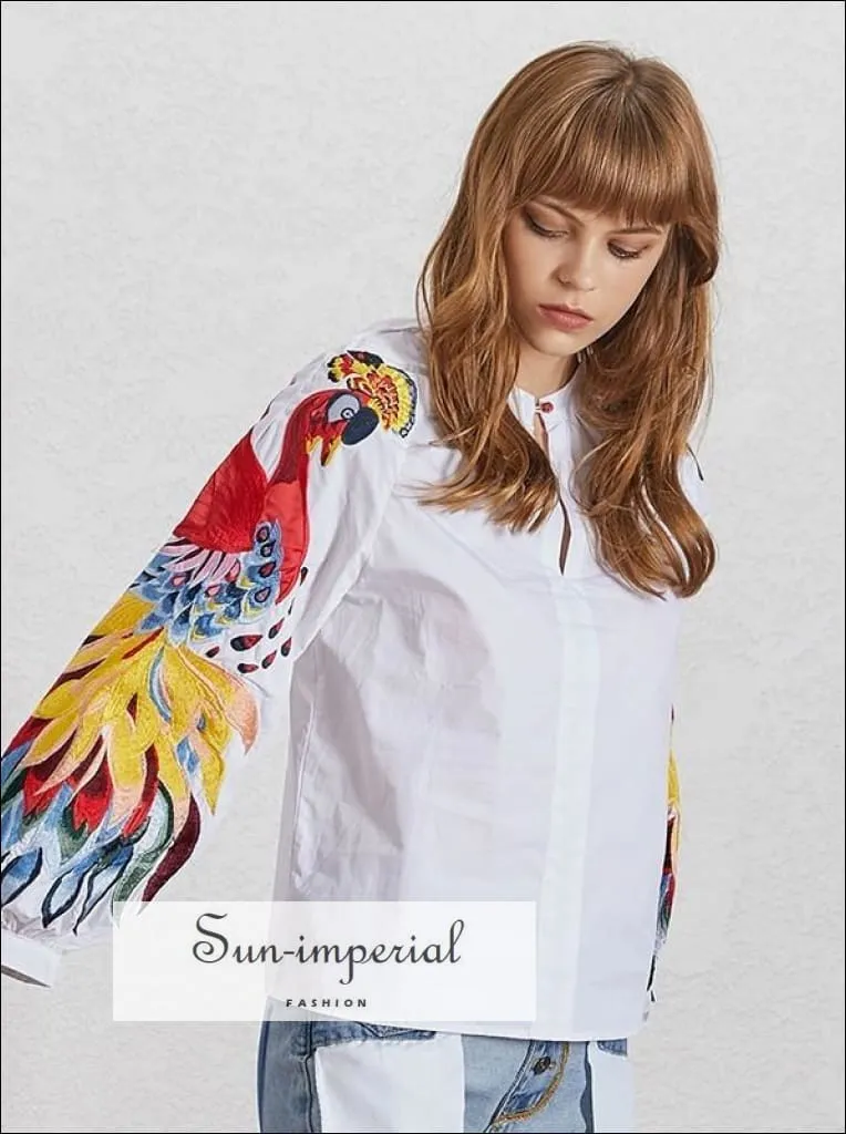 Flower Power top - White Long Sleeve Peacock Print Embroidery Blouse for Women Lantern Sleeve Loose