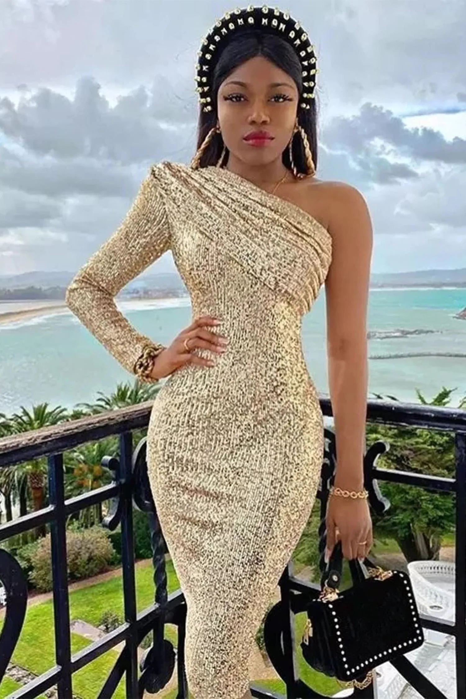 Gold Ruched One Shoulder Sequin Midi Dress