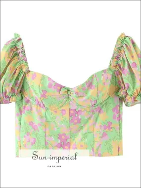 Green Floral Ruched Bust Corset Style Crop top Ruffle Decort Tank top